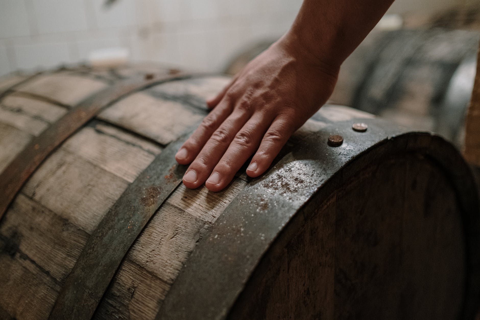 Wooden casks in a distillery
